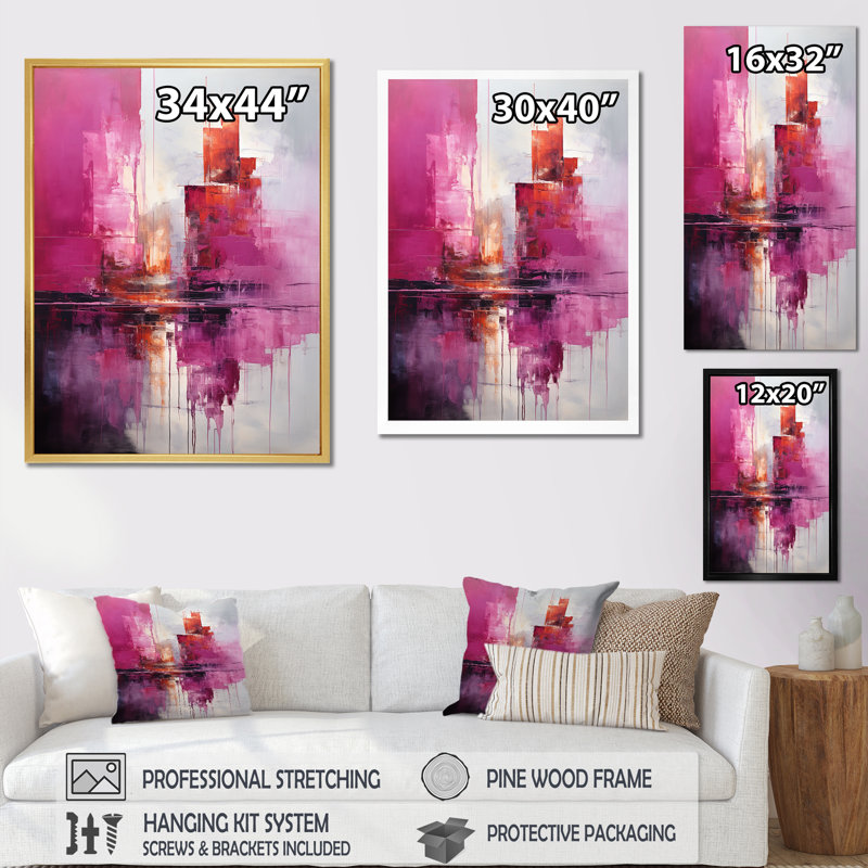 " Fuchsia Facades Skyscraper Horizon ", Black Floater Framed, 32" H x 24" W x 1" D