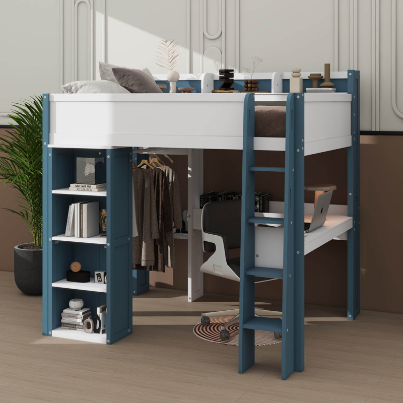 Lit mezzanine double avec étagères, tringles à vêtements et espace de travail, Bleu