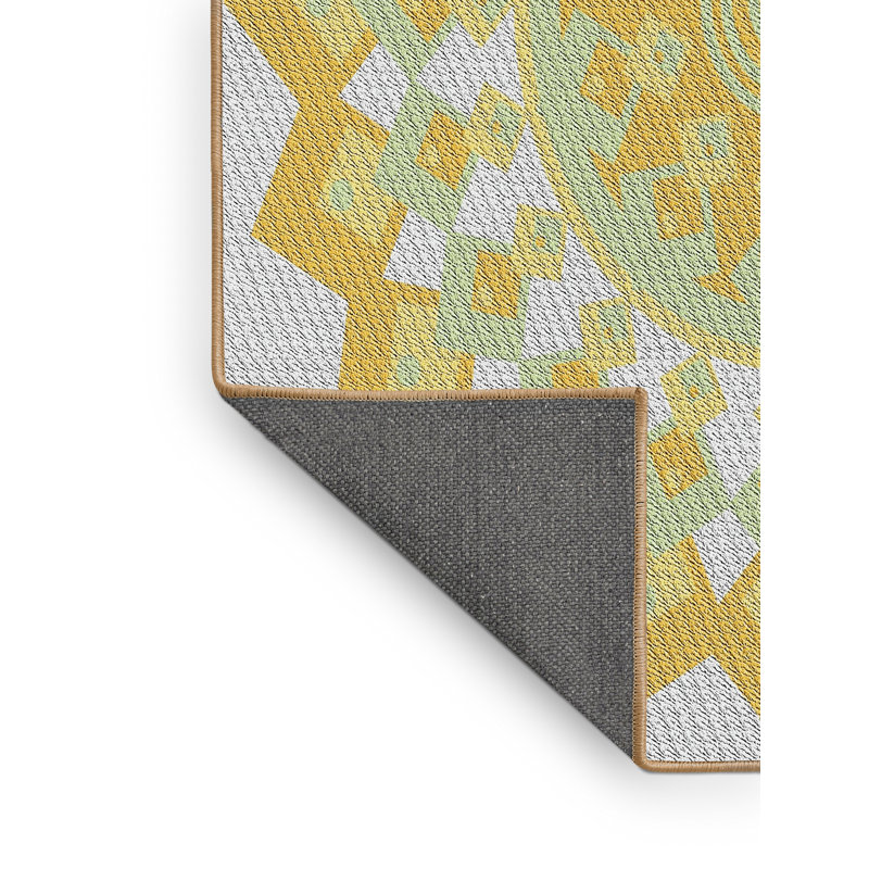 Similicuir tissé à la machine de couleur orientale et polyester jaune/vert/gris Tapis décoratif, Rectangle 5 pi x 7 pi