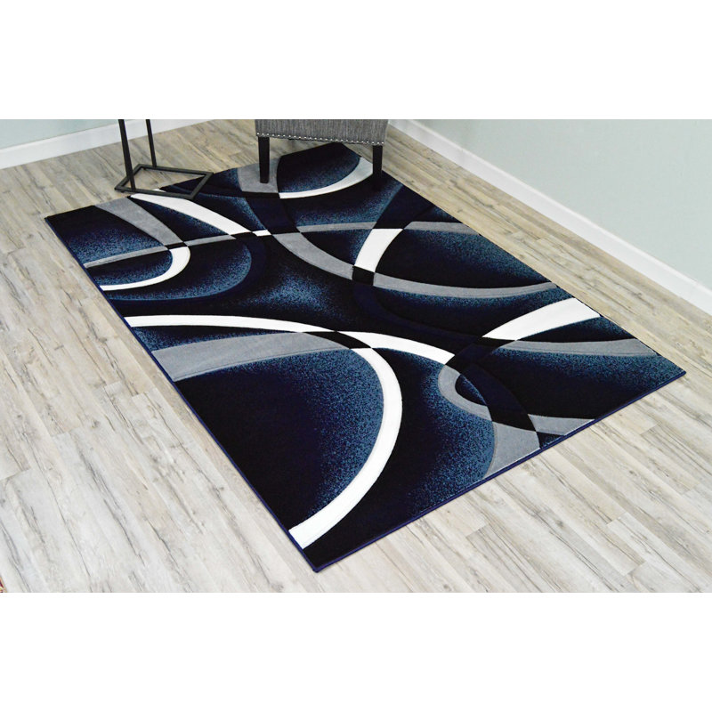 Mccampbell Abstract Area Rug, Rectangle 7' x 10', Navy Blue/White/Gray