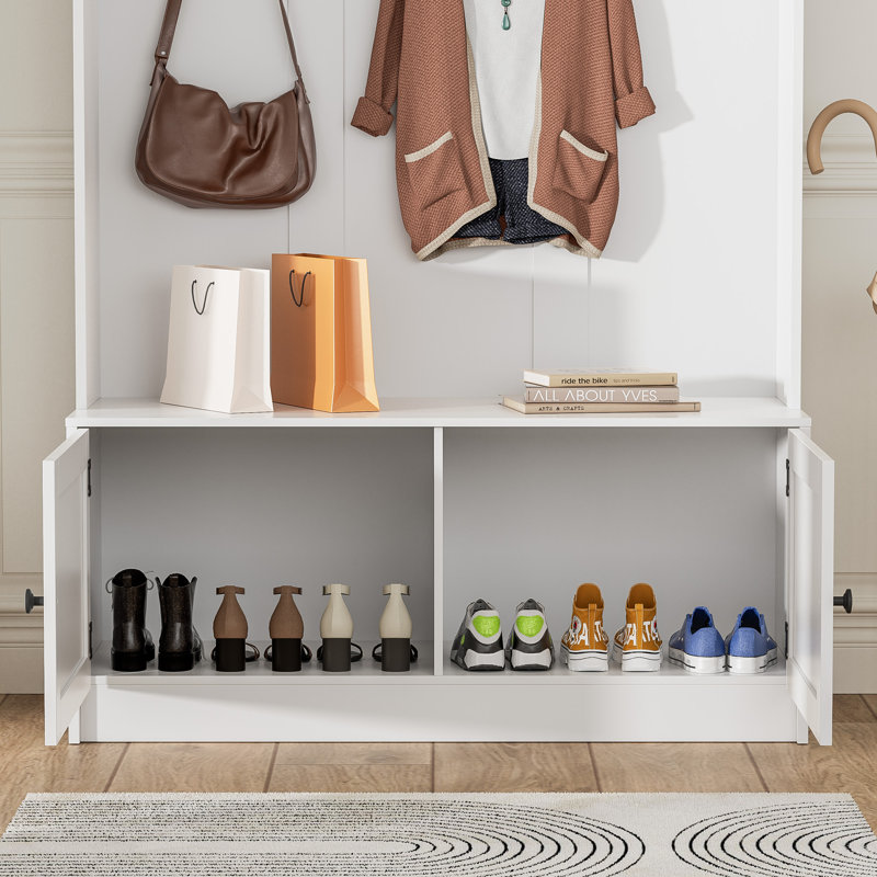 White Wooden Hall Tree with Storage Bench and Coat Rack
