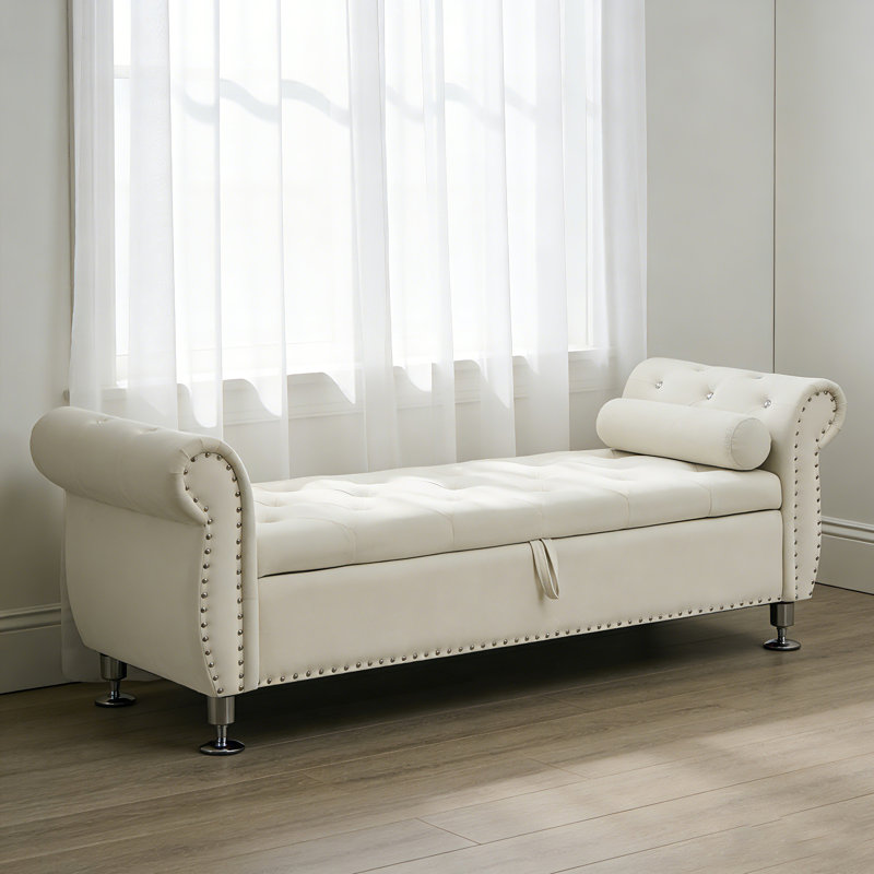 CHIRA  Beige Velvet Bedroom Bench, Bed Bench with Button-Tufted Large Upholstered Storage Bench Ottoman, Beige