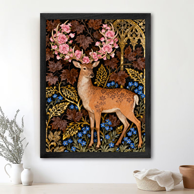 Art mural rétro noir avec encadrement noir William Morris, cerf blanc, H 37 po x l 25 po