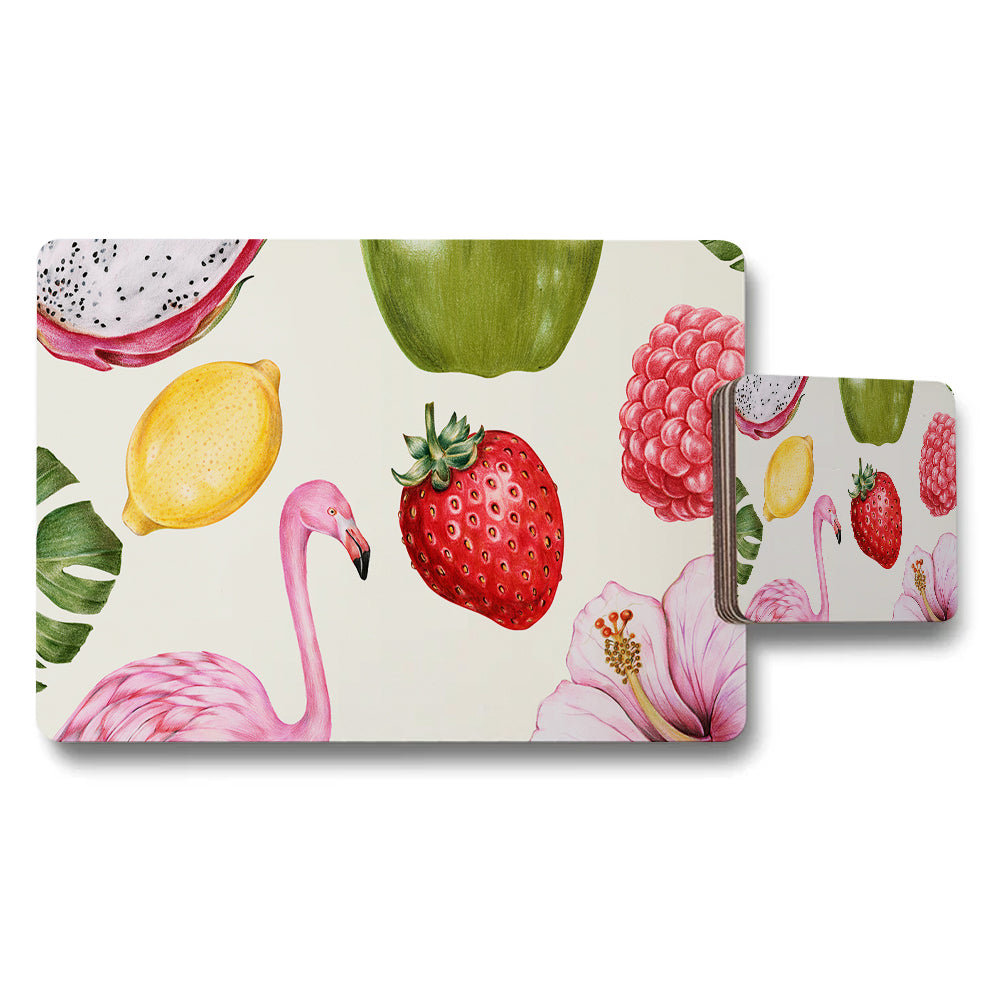 Tropical Flamingo And Fruit Pattern Placemat And Coaster Set