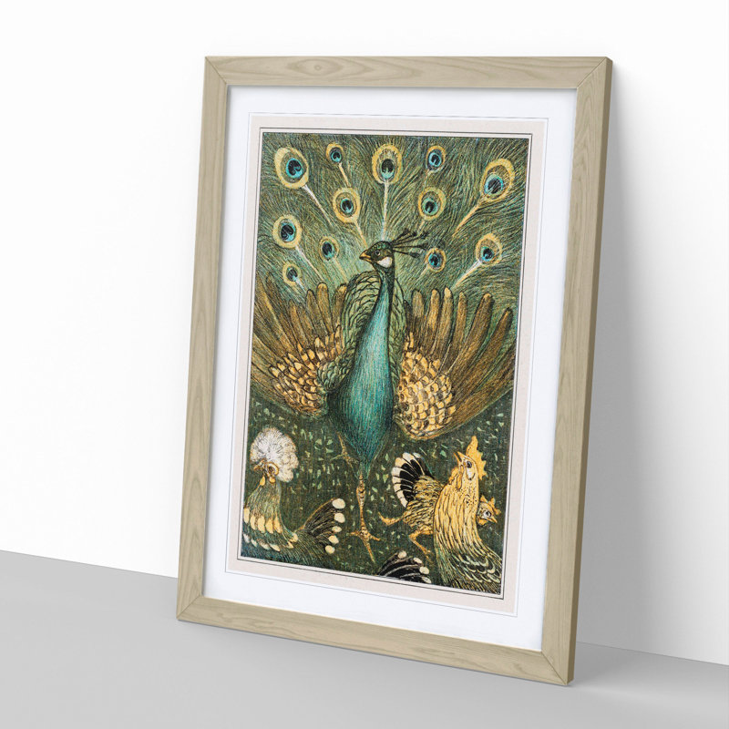 Peacock with Chickens by Theo Van Hoytema - Picture Frame Painting, Oak Framed, 36cm H x 27cm W x 2cm D