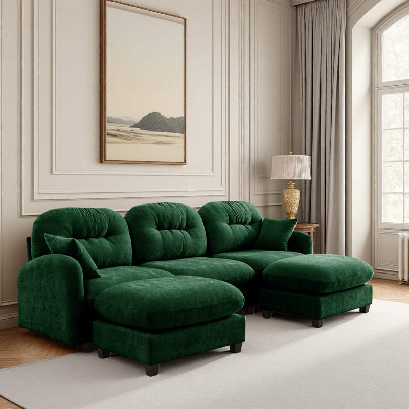 Sectional U Shaped Couch With 2 Ottoman, Chenille Sofa, Green Chenille
