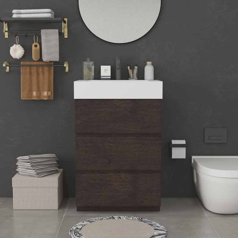 Meuble-lavabo moderne avec lavabo, Noyer, Blanc