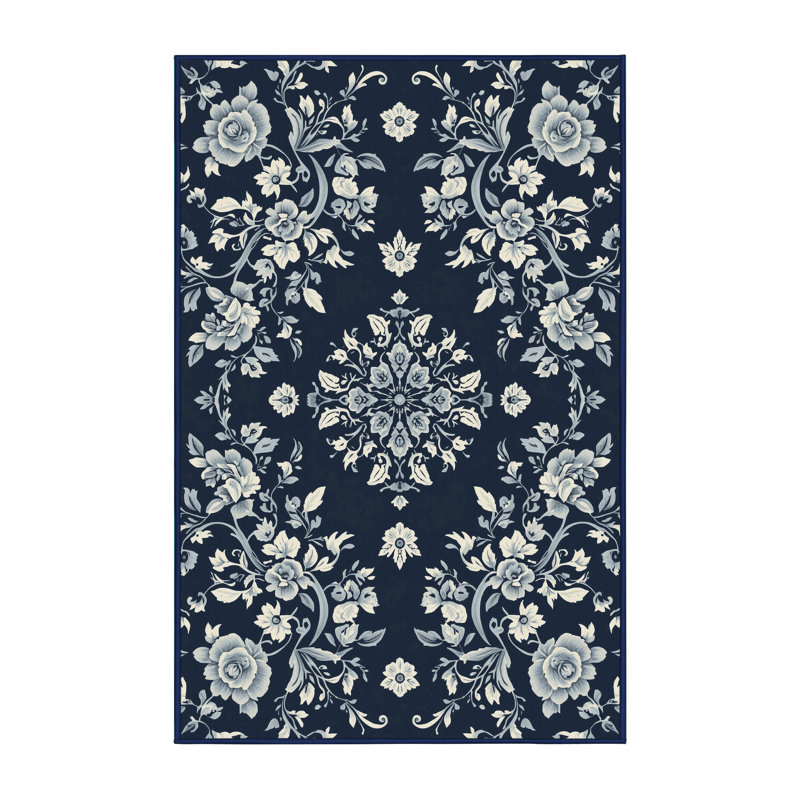 Machine Washable Pantelis Traditional Floral Rug in Gray – Binding, 7x10