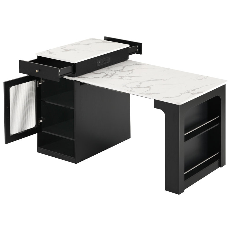Îlot de cuisine 59,5 po avec table de salle à manger extensible, Black