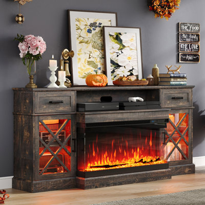 Alvilda 70" Farmhouse LED Fireplace Tv Stand With 3-sided Glass Fireplace,Glass Door Storage,Oak
