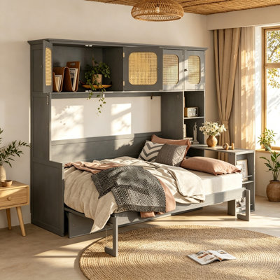 Lit escamotable double avec bureau et armoires en rotin, lit mural peu encombrant pour le bureau personnel