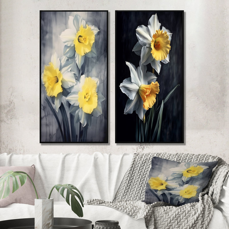 «Yellow Gray Natures Daffodils Impression», 2 pièces sur toile, Cadre noir, H 24 po x l 20 po