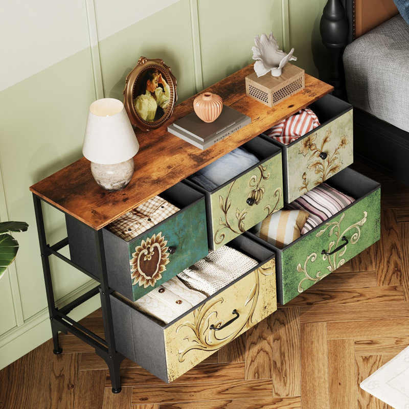 Amanah 39.4" W 5-Drawer Dresser with Wood Top, Floral Painted Bedroom Dresser with Sturdy Steel Frame, Chest of Drawers for Livingroom, Closet, Dorm