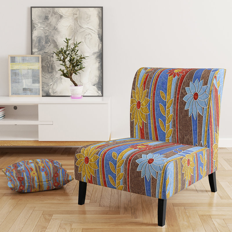 Blue, Green and Orange Vertical Abstract Stripes - Mid-Century Upholstered Slipper Chair, Blue/Red/Brown Polyester Blend