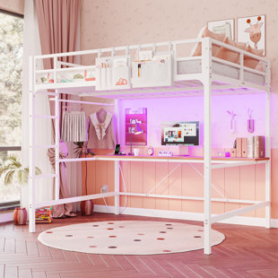 Full Size Loft Bed With Desk And Led Light, Metal Full Size Loft Bed With Power Outlet, Full Size Bed Frame With Upper Bunk, Safety Guard And Ladder, Space Saver,