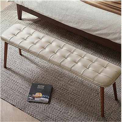 (Off White) Natural Oak Wood for Dining Bench Table Bench for Living Room With Leather Cushion