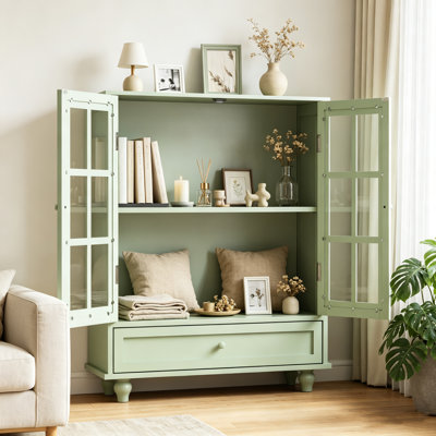 Buffet de cuisine indépendant avec portes vitrées, meuble de rangement blanc avec pieds en bois massif, console de rangement multifonctionnelle pour vaisselle et décoration