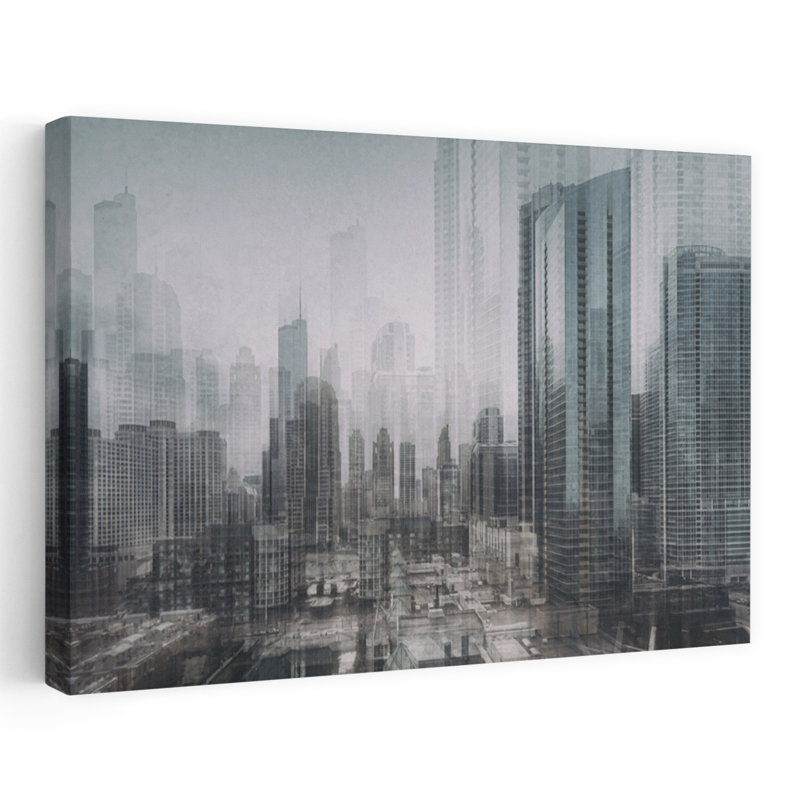 «Chicago Blue Abstract Contemporary Architecture City», art mural, H 16 po x l 24 po