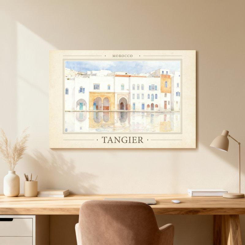 Paysages et paysages urbains, Tanger, Maroc, Aquarelle, architecture, reflets, horizon, couleurs, bâtiments