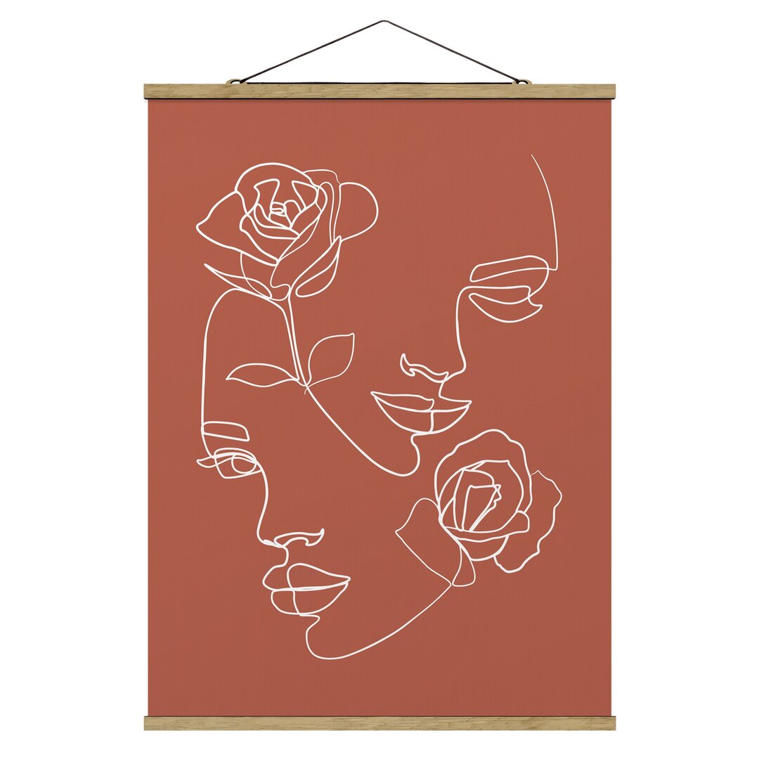 Stoffbild Mit Posterleisten - Line Art Gesichter Frauen Rosen Kupfer - Hochformat 4:3