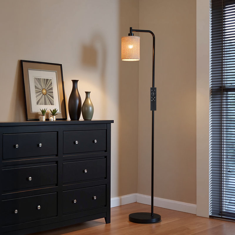 68'' Slim Dimmable Floor Lamp With Remote Control, Handwoven Rattan Shade, 10W LED Bulb Included, Yellow