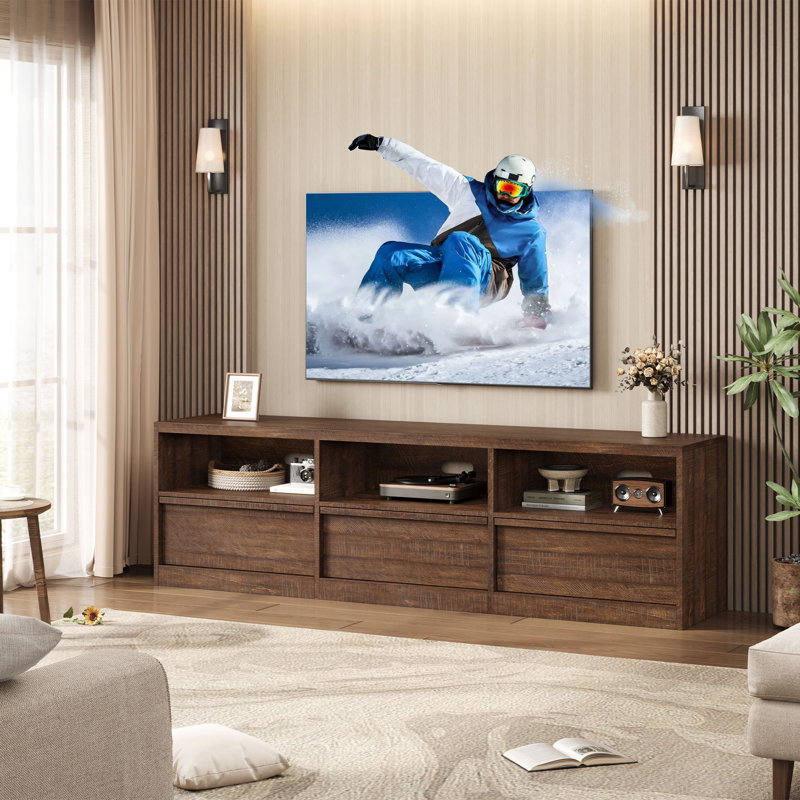 70" Mid Century Modern TV Stand for 80" TVs - Storage Drawer & Open Shelves Media Console Cabinet, Brown Wood
