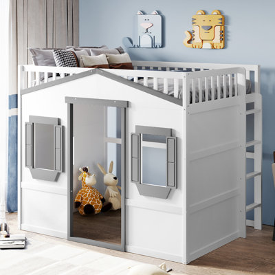 Full Size Loft Bed With - White & Gray, Solid Pine Build For A Calm Bedroom Atmosphere Fashionable White+Gray, Stylish Setup