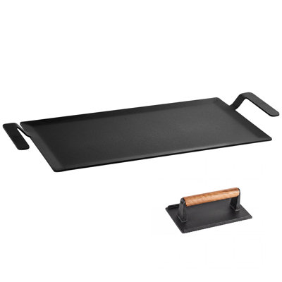 Plaque de cuisson en acier au carbone 50 x 25 cm, surface plane pré-culottée, avec poignée, idéale pour les œufs, les hamburgers et les grillades. Antiadhésive, cette plaque rectangulaire portative est fournie avec un presse-viande et convient aux barbecues au gaz, aux plaques à induction et aux cuisinières à induction.