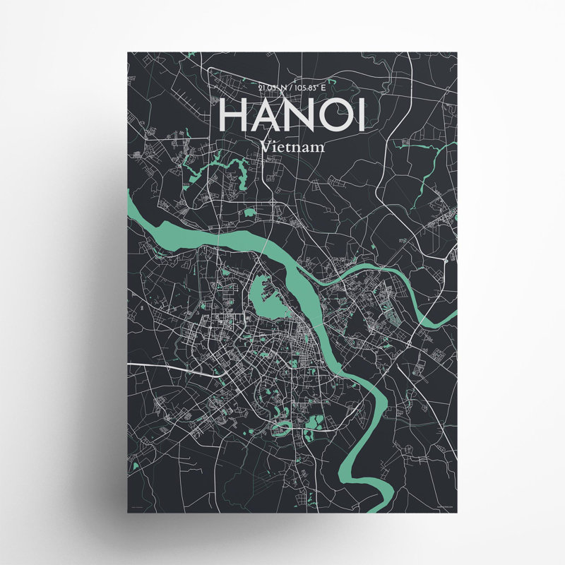 Hanoi, carte de la ville, impression, Vert/gris, H 27,6 po x l 19,7 po