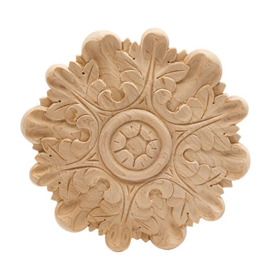 6 in x 5/8 in Unfinished Large Hand Carved Solid Hard Maple Rosette Acanthus Wood Applique