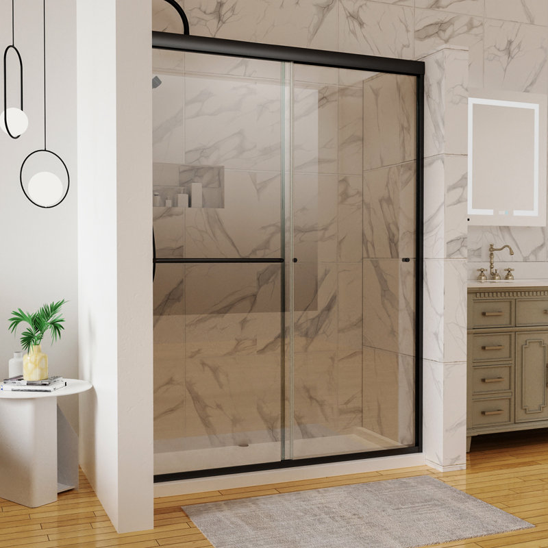 Traditional Matte Black Shower Door With Marks Glass Sliding Clear Vision Panels