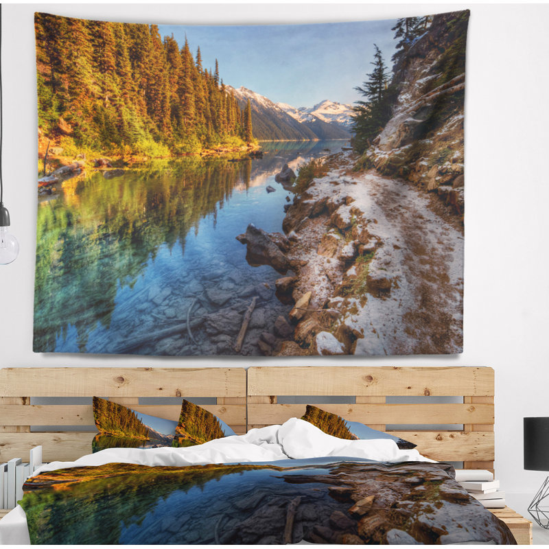 Paysage, lac placide, entre les montagnes, H 78 po x l 92 po