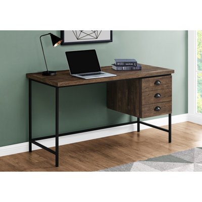 Home Office Computer Desk Setup, 55"l, Brown Laminate, Black Metal, Storage Drawers, Modern Style Work For Use, 3 Drawer Shelves, Compact Size