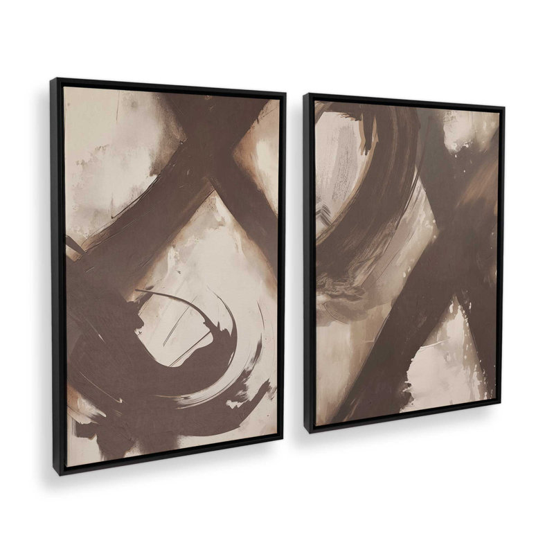 Ensemble de 2 impressions abstraites sur toile de Sienne, H 18,75 po x l 25,5 po x P 1,75 po, Cadre flottant noir satiné