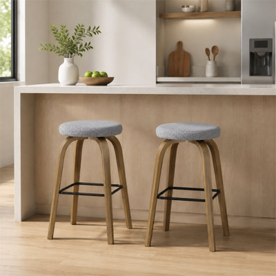 Set of 2 Swivel Bar Stools, 29.82Inch Backless Bar Height Stools, Fabric Upholstered Cushioned Seat, Sturdy Wooden Legs with Metal Footrest, Mid‑Century Modern Counter Stools for Home Bar & Dining Room, Gray