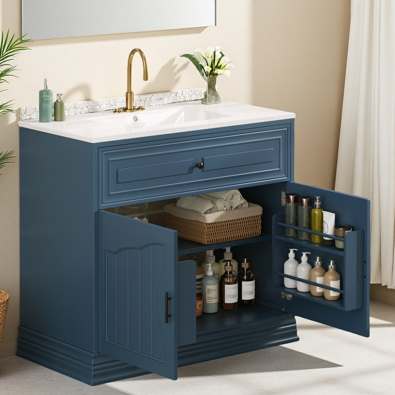 Meuble-lavabo de luxe 36 po avec lavabo en céramique, meuble-lavabo avec 2 grandes portes à fermeture douce et meuble de rangement en bois massif