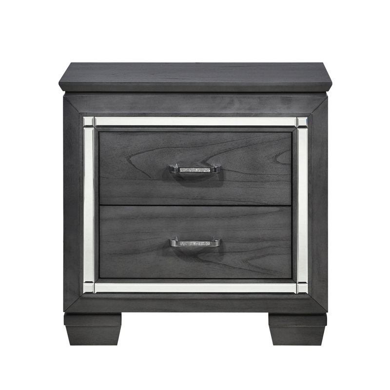 Table de chevet glamour avec 2 tiroirs, cristaux à DEL et faux cristaux pour un éclairage et un charme chic, Gris