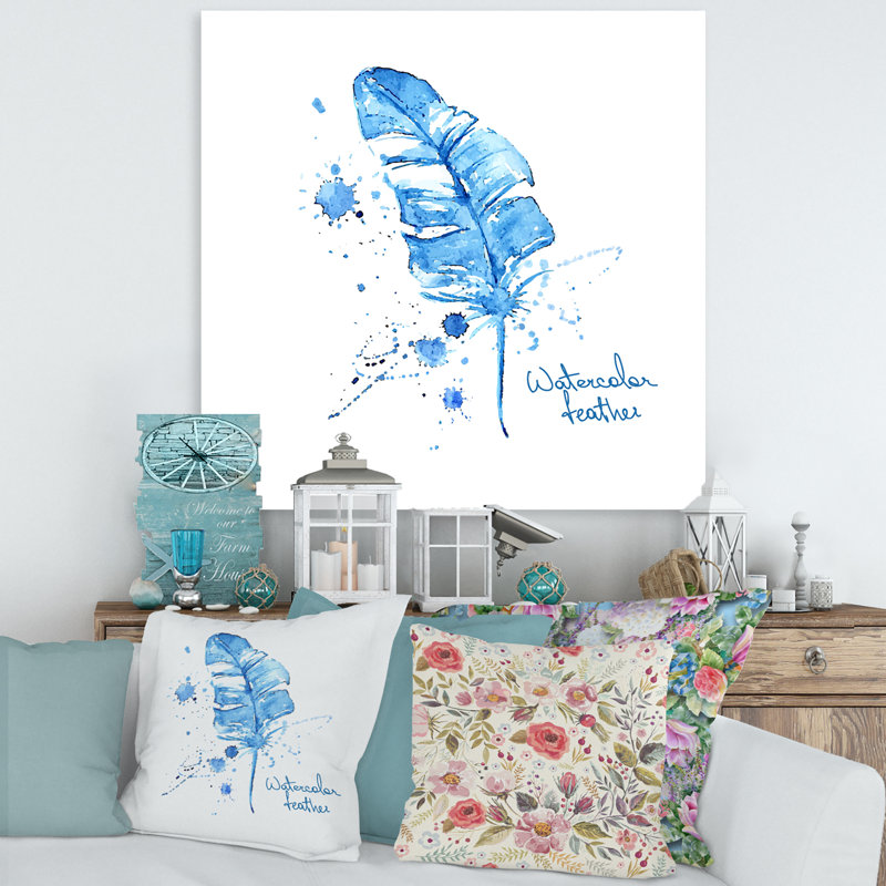 Plume bleue ethnique - peinture sur toile, H 30 po x l 30 po x P 1 po, Toile tendue