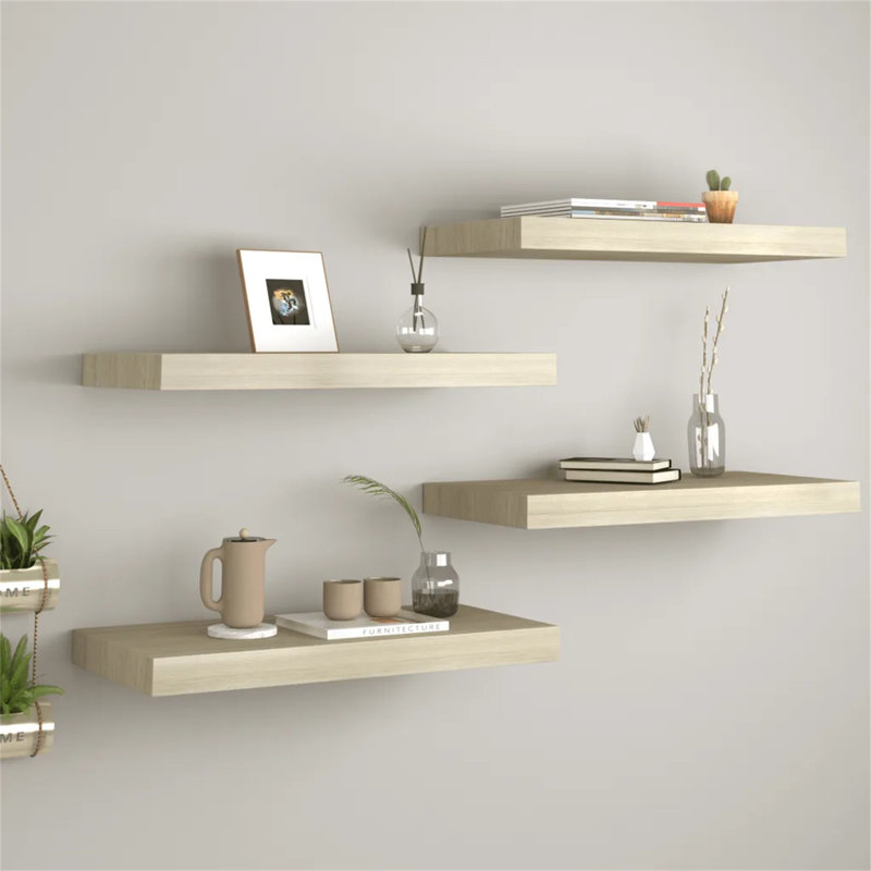 Arsis 4 Piece Metal Floating Shelf, 3.8cm H x 23.5cm W x 23cm D, Oak