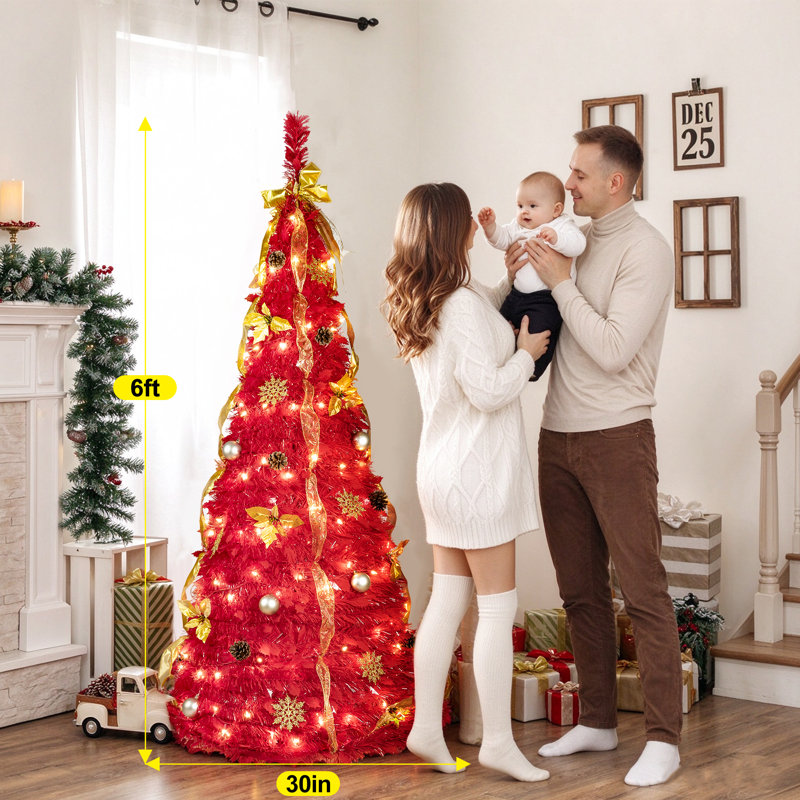Arbre de Noël artificiel rouge de 1,80 m, pré-illuminé et pliable, avec décorations et ruban., H 6 pi, Rouge