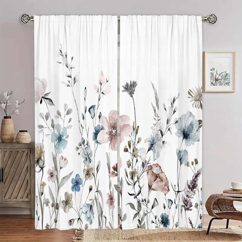 2Pcs Watercolor Floral Printed Curtains Semi Sheer Botanical White Curtain Rod Pocket Window Treatment Elegant Pastel Blue Pink Flower Pattern Vintage for Living Room Bedroom Dining Kitchen Office Home Decor