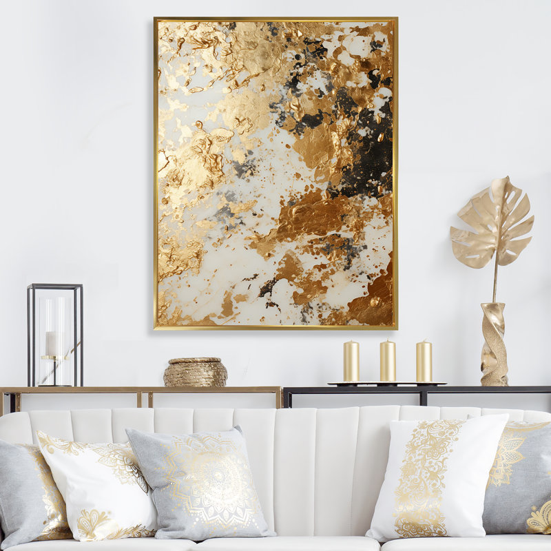 Blanc et or Champagne Flow I - Champagne, art mural, Cadre flottant doré, H 40 po x l 30 po x P 1,5 po