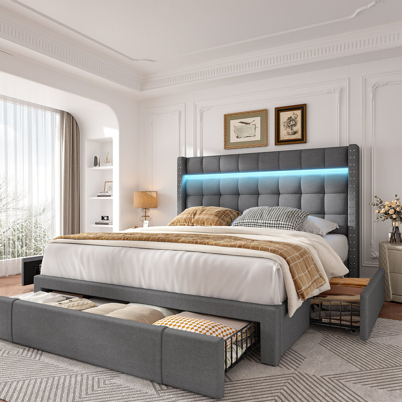 Upholstered Bed Frame With 3 Drawers And Led Light,Platform Bed Supports up to 900 lbs,Easy Assembly and Noise-Free, Gray