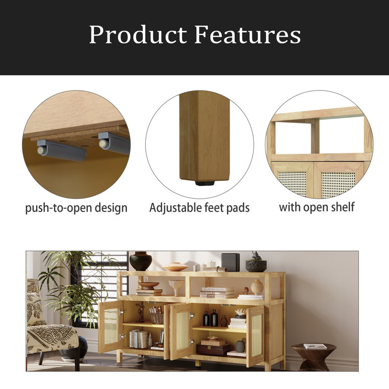 Armoire de rangement en rotin avec structure en bois massif, buffet avec tablettes réglables à 3 positions pour le salon et la salle à manger, conception à pousser sans poignée