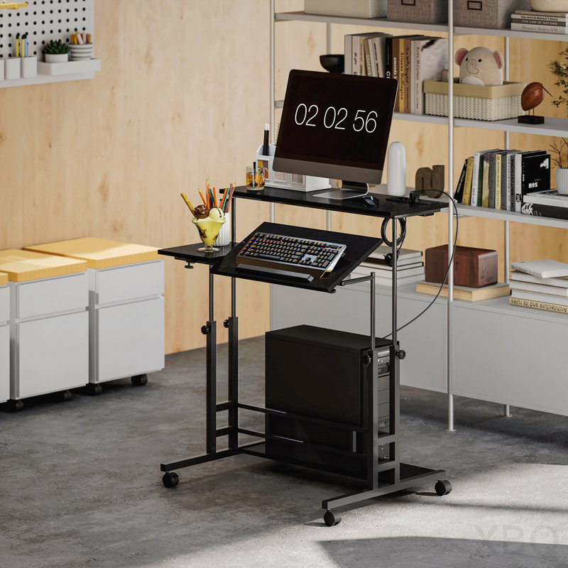 Bureau debout à roulettes noir HOMcom avec prises de courant, plateau de table inclinable et tablette inférieure