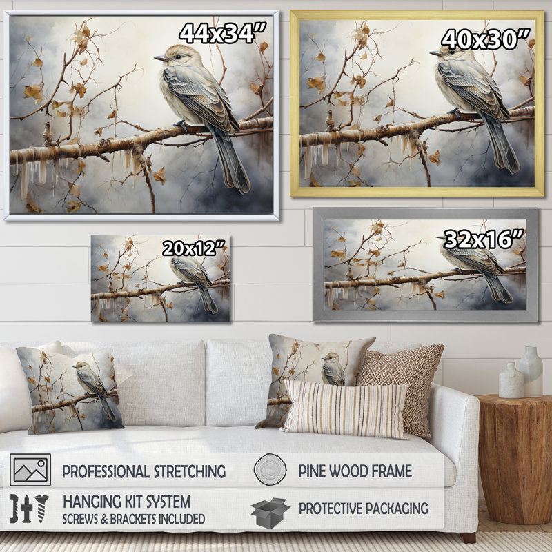 «Bird Silent Watcher IV», reproduction d'art sur toile, Cadre flottant noir, H 34 po x l 44 po x P 1,5 po