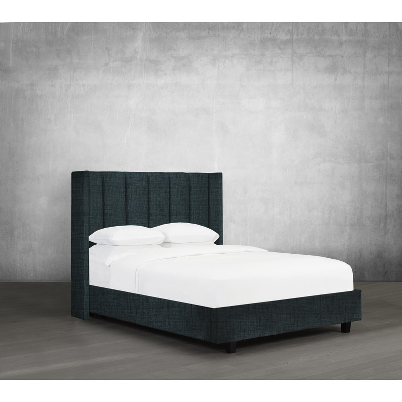 Lit plateforme tapissier capitonné avec rangement à profil bas, Double, Denim