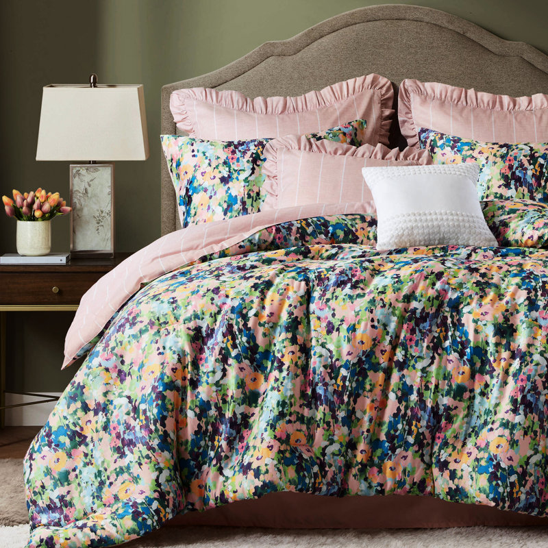 Édredon très grand 8 pièces avec motif floral numérique vif, taies décoratives assorties et 8 pièces douillettes toutes saisons avec motif à volants sur coton, rayures réversibles