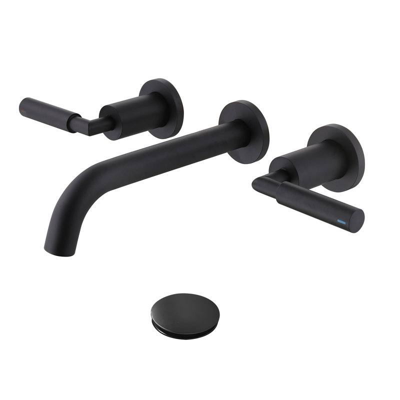 Robinet de lavabo de salle de bain mural moderne à 2 poignées en laiton massif noir mat avec ensemble de bonde, Noir mat