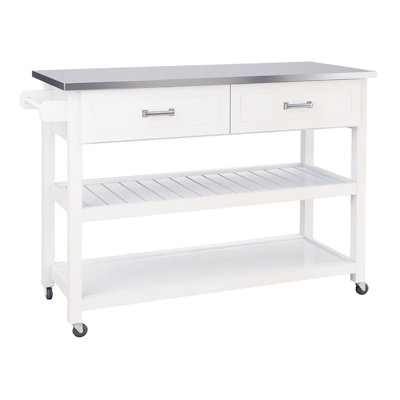 Stainless Steel Top White Kitchen Cart With Two Drawers - Functional And Space Optimizing Solution Table In 2 For Practical Storage